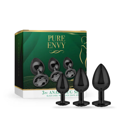 Anal Training Kit - Pure Envy Black Butt Plug Set with Black Jewel