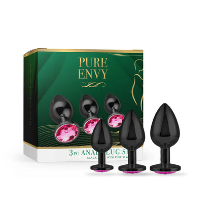 Anal Training Kit - Pure Envy Black Butt Plug Set with Hot Pink Jewel